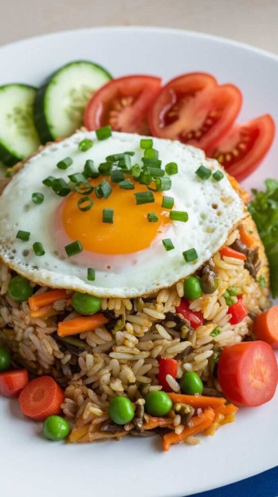 A plate of Nasi Goreng topped with a fried egg, accompanied by fresh vegetables