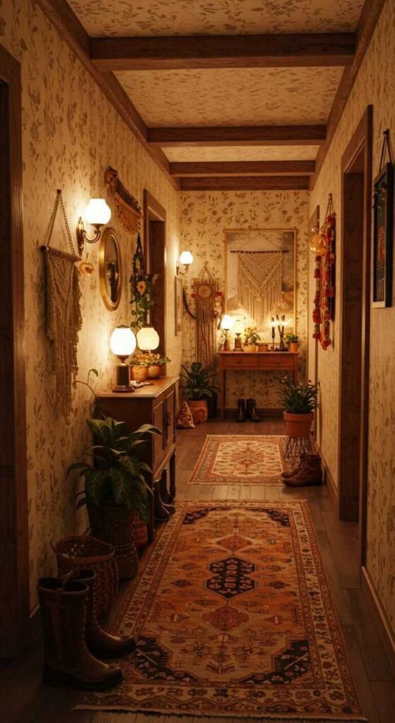 A cozy bohemian hallway featuring natural wood accents, warm tones, and inviting decor elements.