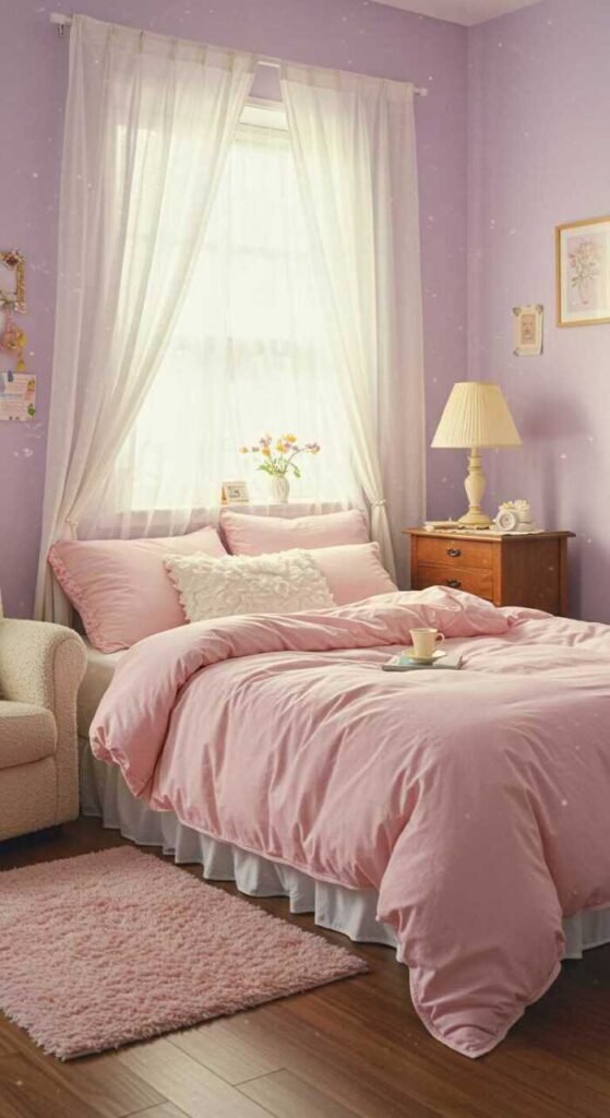 A pastel-themed bedroom featuring pink bedding, soft lighting, indoor plants, and a cozy atmosphere.