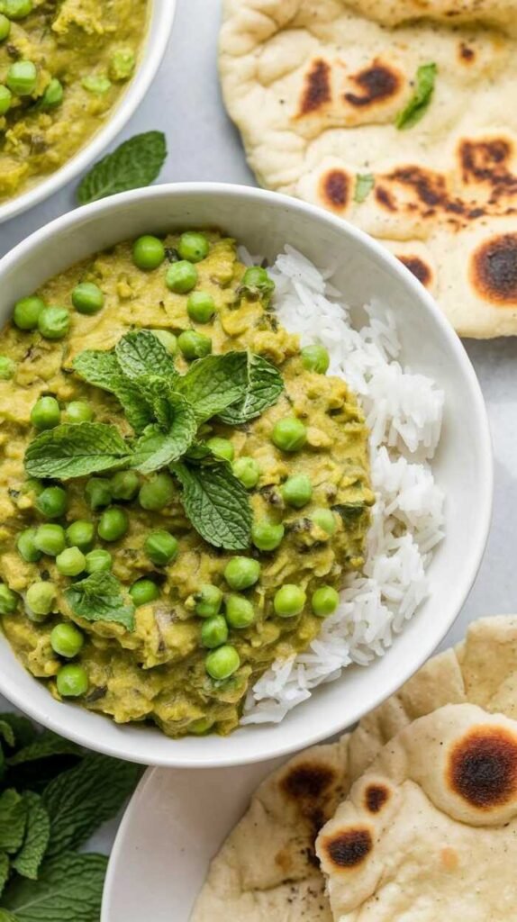 Bowl of pea and mint curry topped with fresh peas and mint leaves.