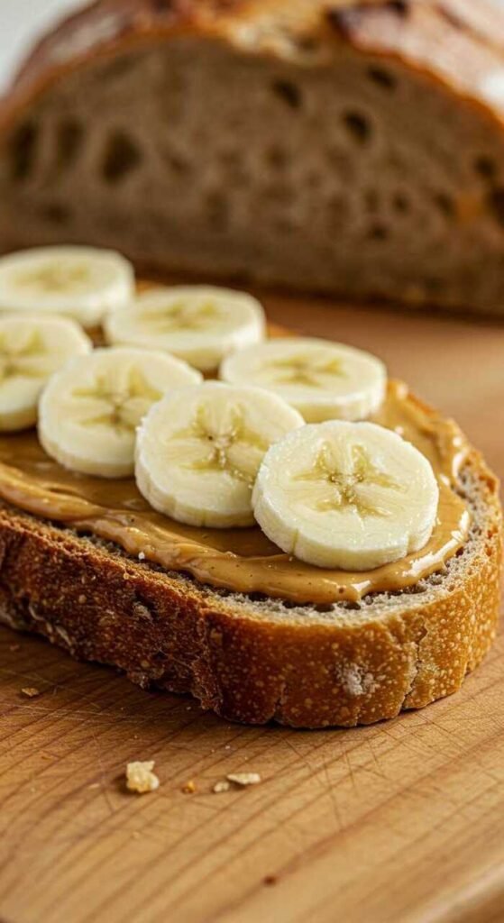 A slice of bread topped with peanut butter and banana slices.
