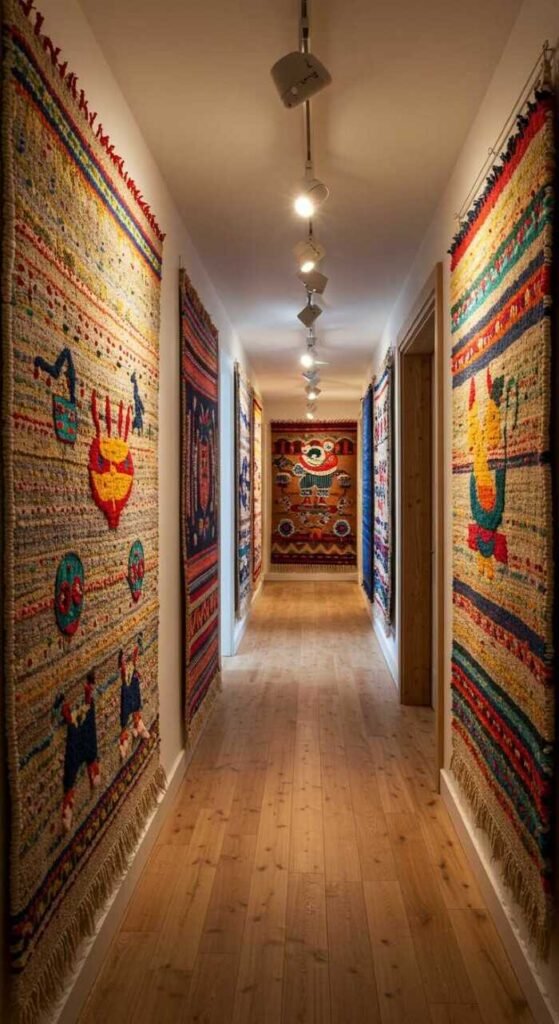 A hallway adorned with colorful textile wall hangings, showcasing a vibrant and inviting decor.