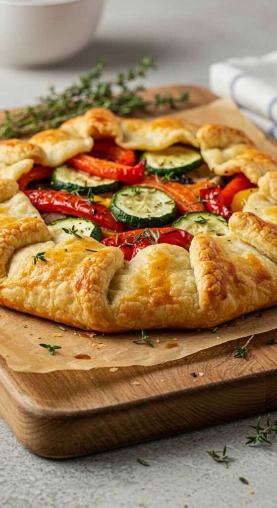 A savory puff pastry galette filled with fresh vegetables and herbs.