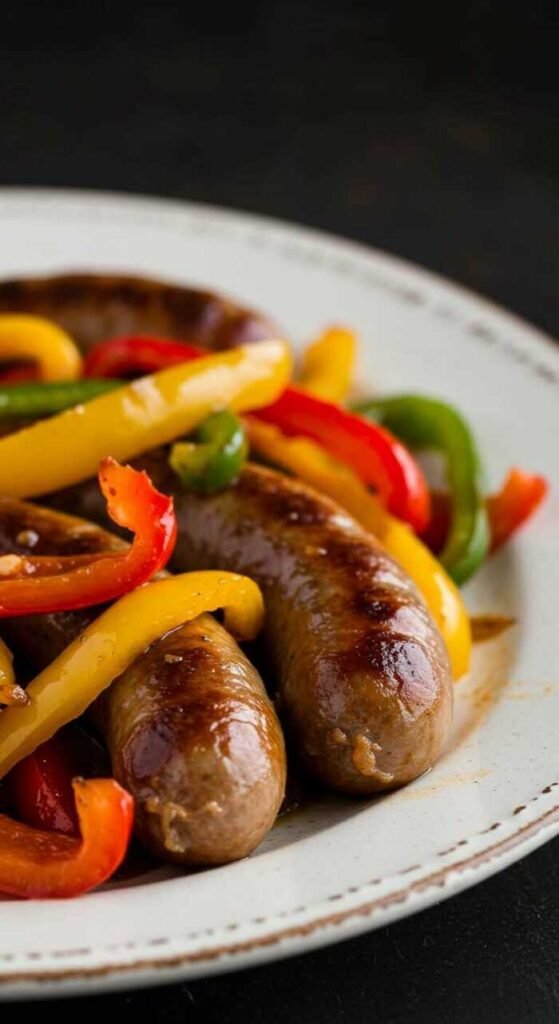 A plate of sausage and peppers