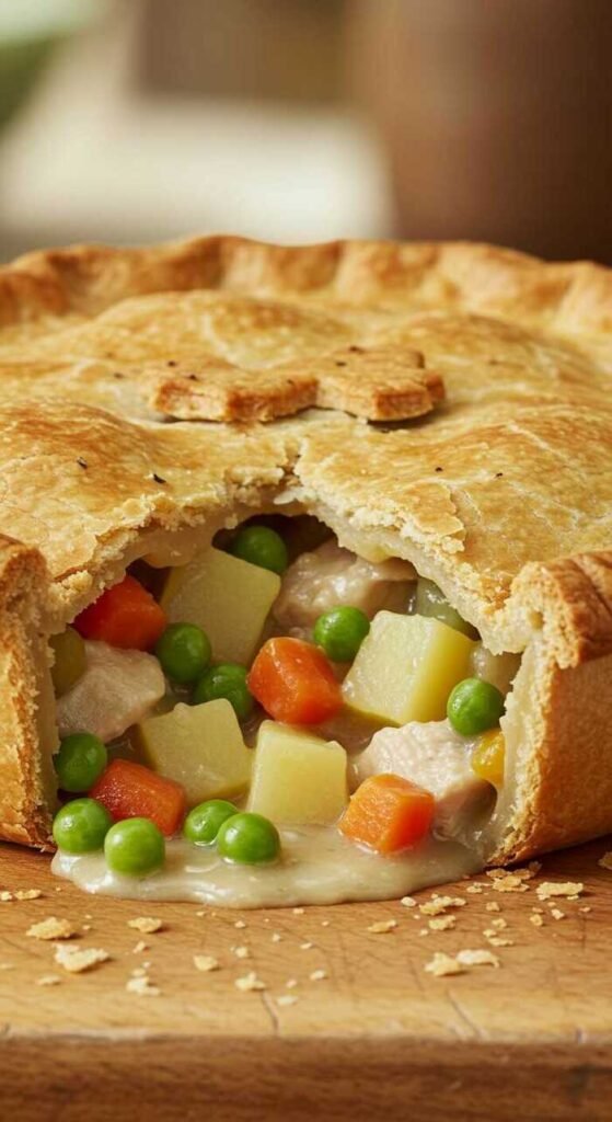 A golden chicken pot pie with vegetables peeking through the crust.