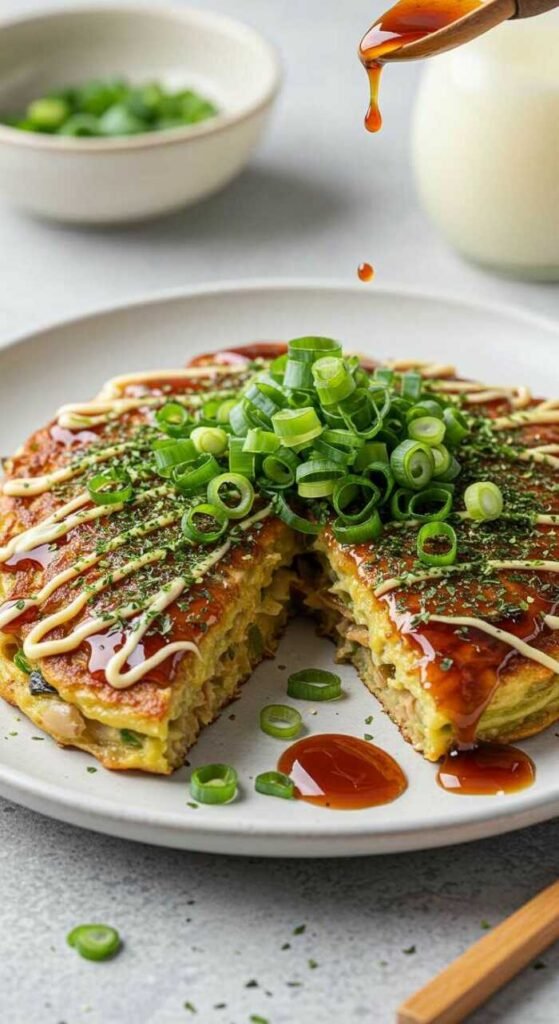 Deliciously topped Okonomiyaki savory pancake drizzled with sauces and garnished