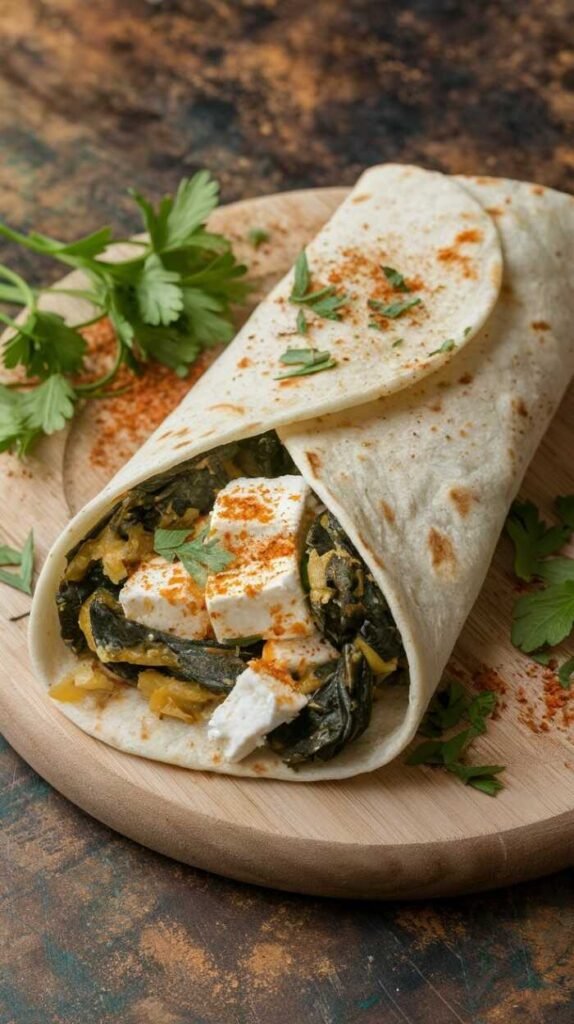 Savory Spinach and Feta Breakfast Wrap on a wooden plate