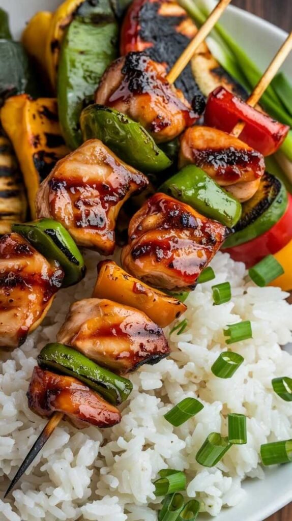 Delicious teriyaki chicken skewers served with colorful bell peppers