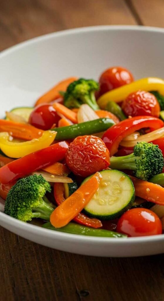 A bowl of colorful vegetable stir-fry, showcasing a variety of fresh vegetables.