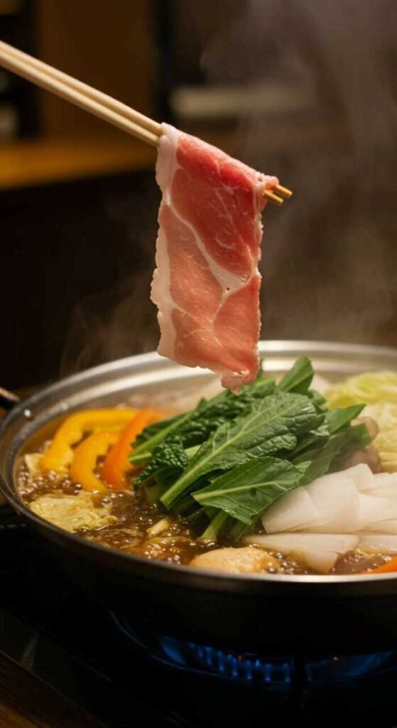 A steaming pot of Shabu-Shabu with thinly sliced meat and colorful vegetables.