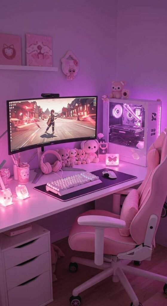A modern gaming desk setup featuring dual monitors, RGB lighting, and stylish decor.