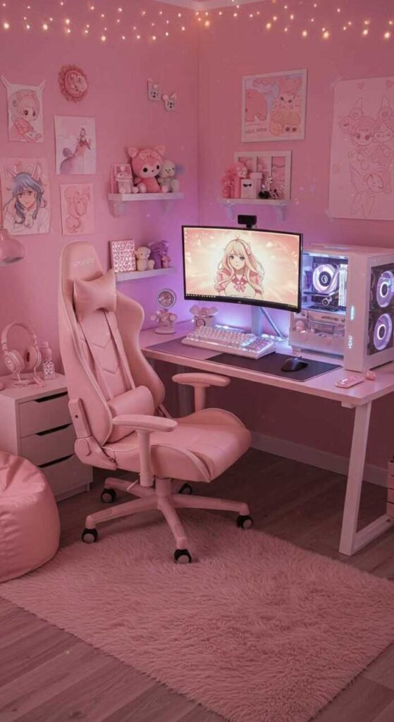 A cozy gaming room with a plush area rug, featuring a stylish gaming chair, computer setup, and warm lighting.