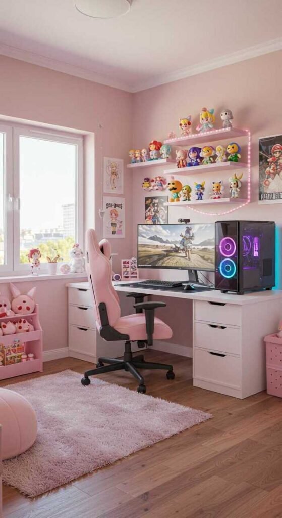 A spacious gaming room featuring colorful neon lighting, a modern gaming desk, two chairs, and dual monitors, creating a playful and inviting atmosphere.