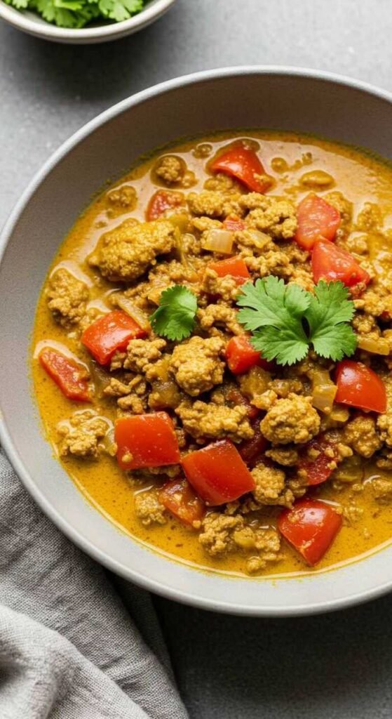 A bowl of spiced turkey curry garnished with cilantro.