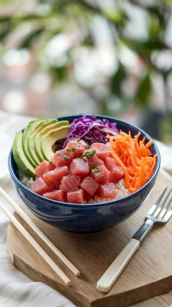 A colorful Spicy Tuna Poke Bowl with diced tuna, avocado, carrots, and rice.