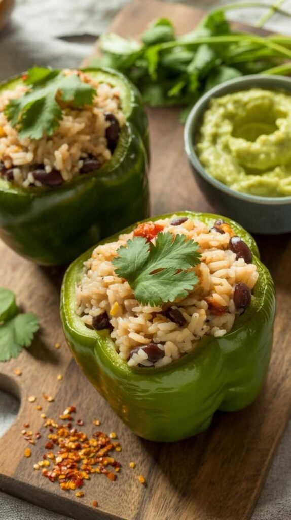 Stuffed bell peppers with rice and beans, garnished with cilantro.