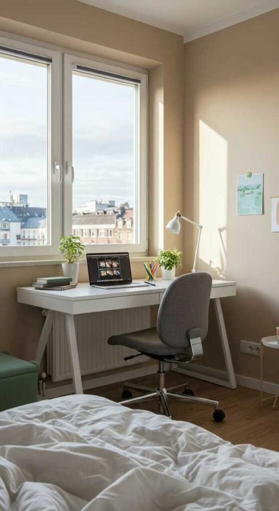 Stylish desk and workspace in a cozy bedroom with neutral colors and indoor plants