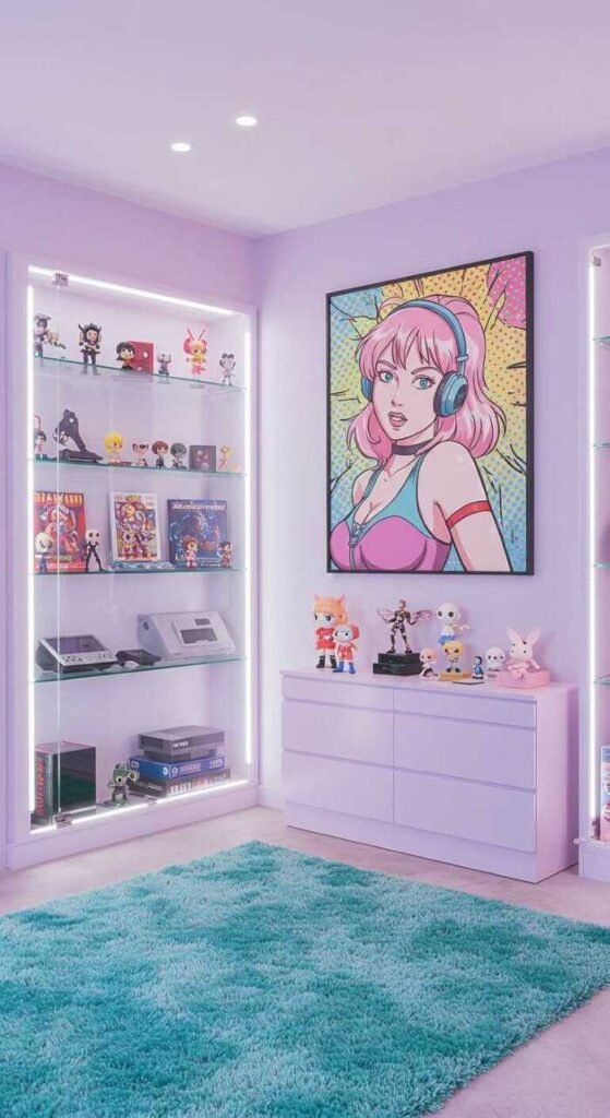 A sleek corridor with glass display cases showcasing various gaming collectibles and a large artwork in the center.