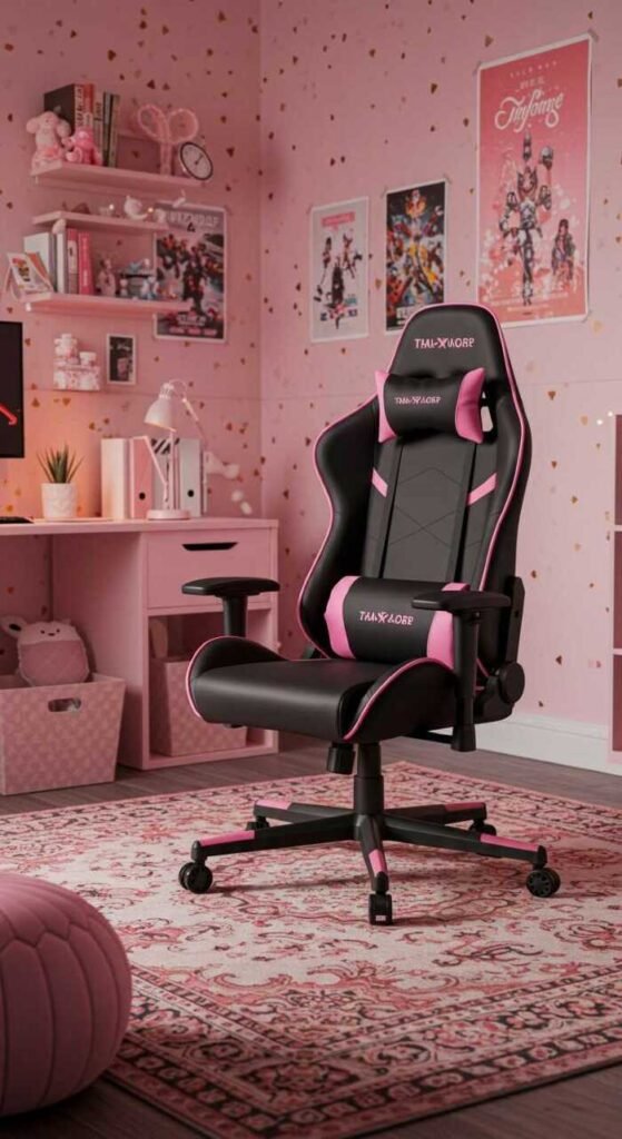 A stylish black gaming chair on a decorative rug in a cozy room.