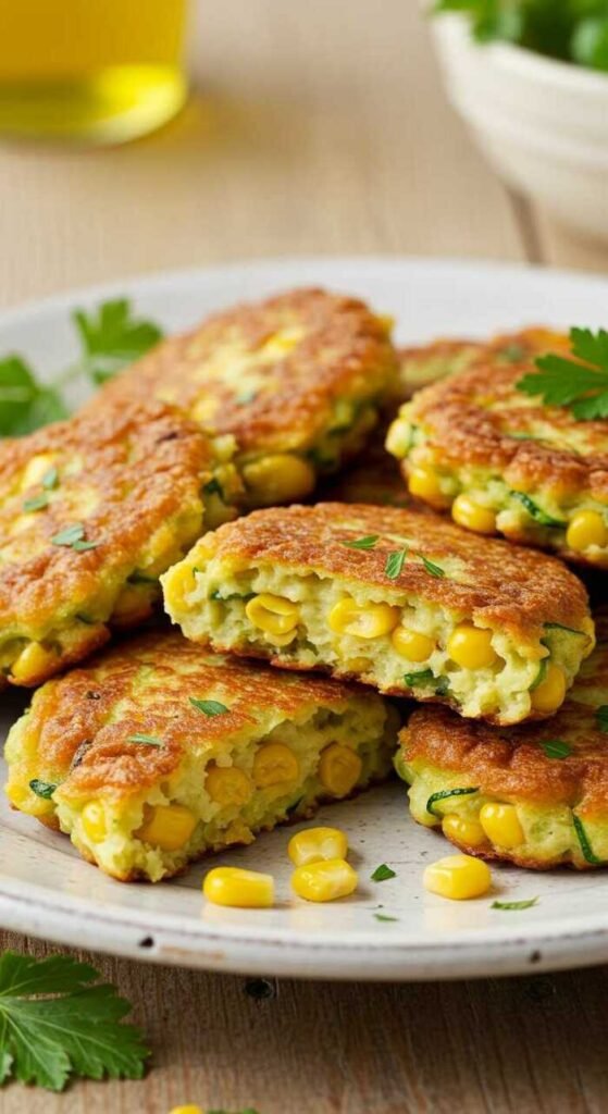 golden brown sweet corn and zucchini fritters on a plate