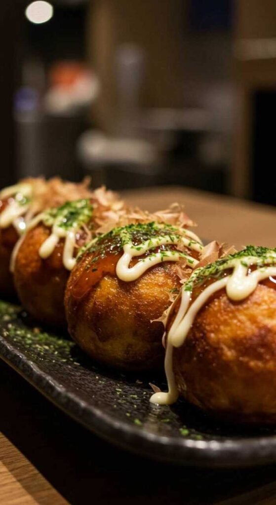 Deliciously prepared Takoyaki, a Japanese octopus dish