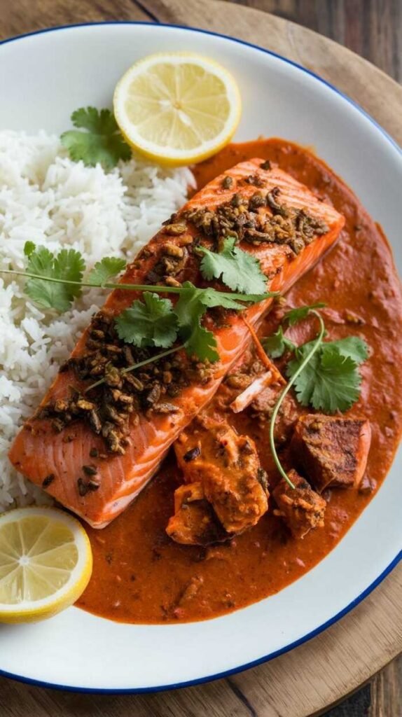 A delicious plate of Tandoori Salmon Curry served with rice and garnished with lemon and cilantro.