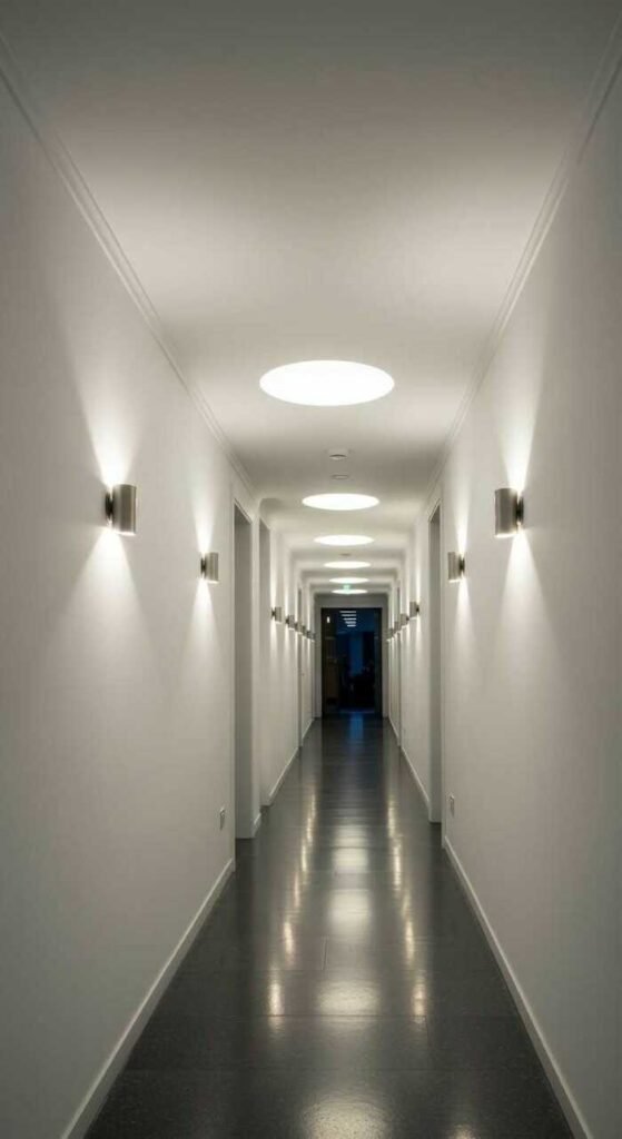 A modern hallway with elegant lighting and smooth wall finishes