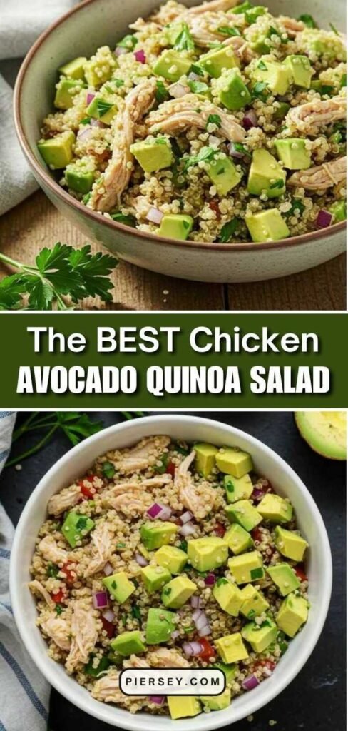 A vibrant quinoa salad topped with chicken, avocado chunks, red onion, and parsley in a bowl. Text reads, "The BEST Chicken Avocado Quinoa Salad."