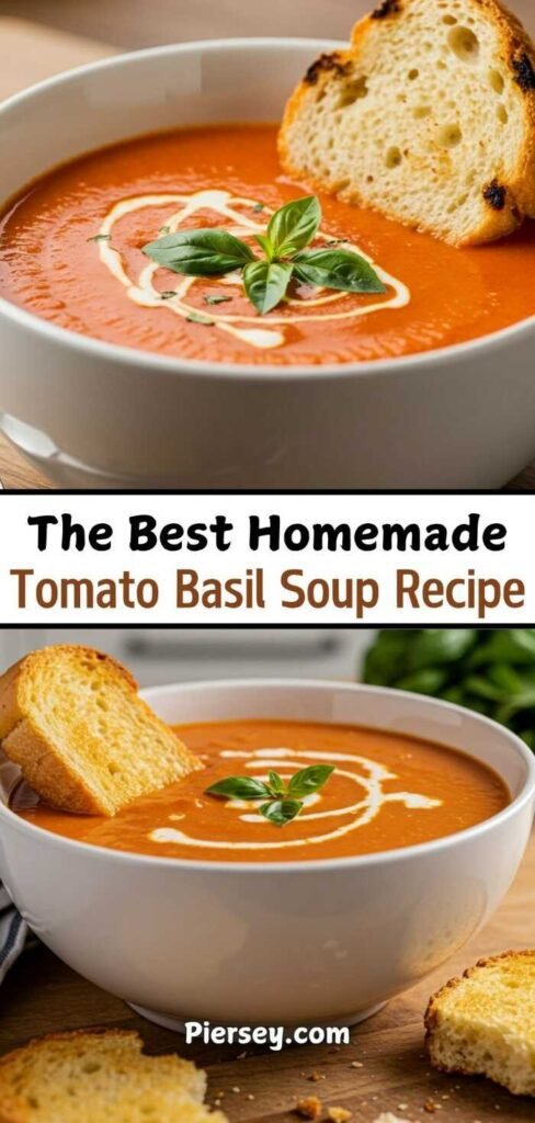 Bowl of tomato basil soup with a swirl of cream, garnished with basil leaves and a slice of toasted bread. Text reads, “The Best Homemade Tomato Basil Soup Recipe.”