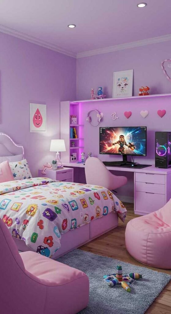A gaming-themed bedroom featuring colorful bedding with various game icons and a cozy setup.