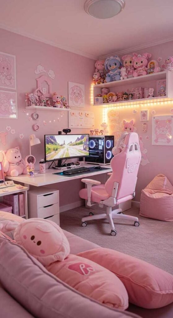 A cozy and colorful gaming room featuring plush decor, organized desk setup, and vibrant lighting.