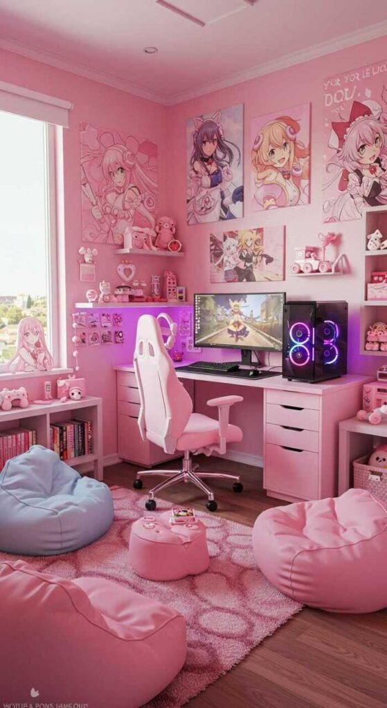A colorful gaming room featuring themed wall art, a gaming desk, and cozy seating.
