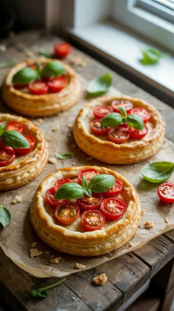 Puff pastry tarts with tomatoes and basil