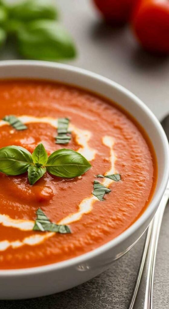 A bowl of creamy tomato soup garnished with fresh basil leaves and a swirl of cream. Bright tomatoes and basil leaves are visible in the blurred background.