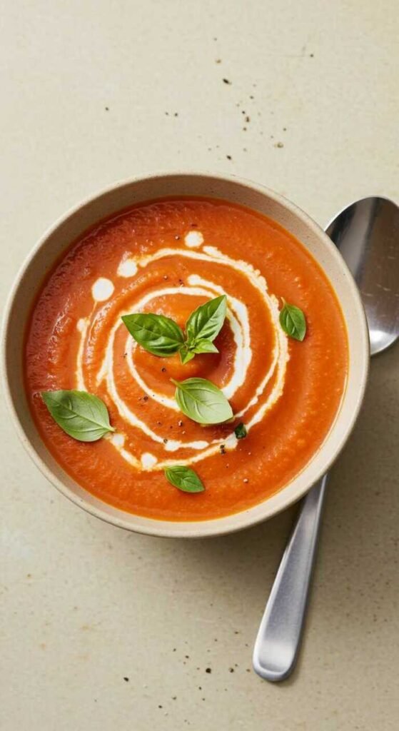 A bowl of creamy tomato soup, garnished with a swirl of cream and fresh basil leaves. A spoon lies beside the bowl on a light-colored surface.