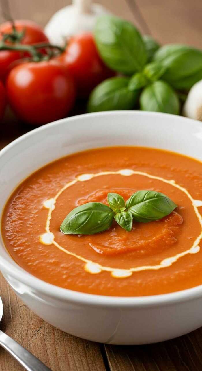Creamy tomato soup in a white bowl, garnished with a basil leaf and a swirl of cream. Fresh tomatoes, basil, and garlic in the background add a fresh touch.