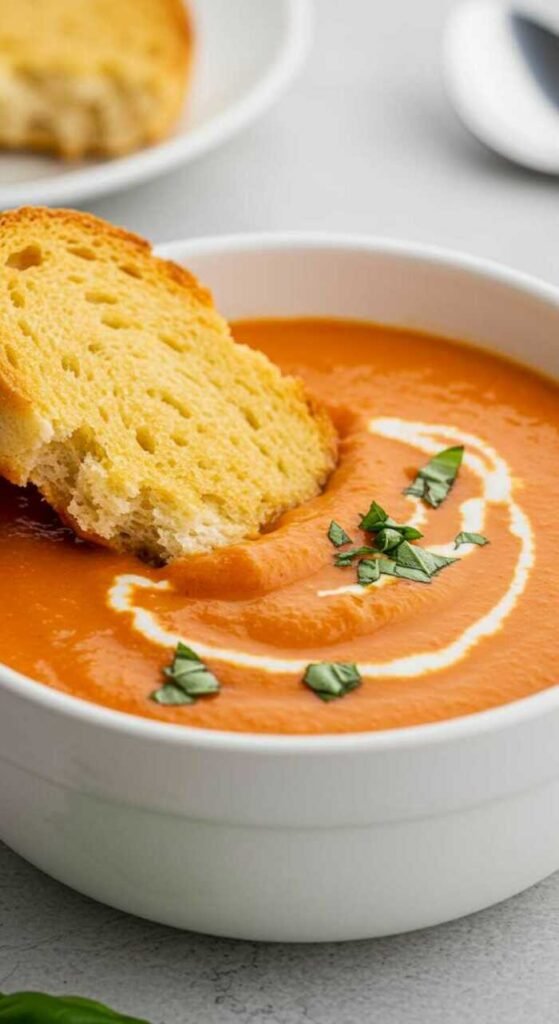A creamy tomato soup garnished with basil and a swirl of cream served in a white bowl, accompanied by a slice of crusty bread. The setting is cozy and appetizing.