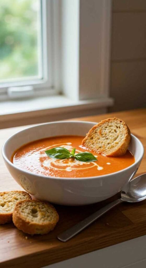 A bowl of creamy tomato soup garnished with basil leaves and cream swirls sits on a wooden table near a window. Two toasted bread slices lie beside it.