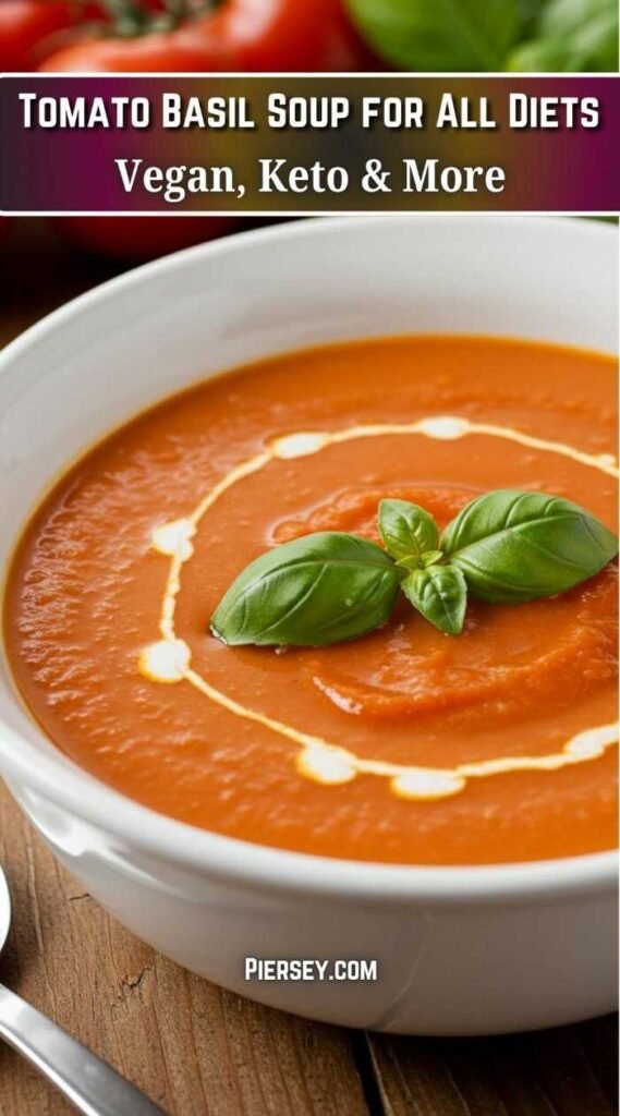 Bowl of tomato basil soup garnished with fresh basil leaves and cream swirls. Text reads "Tomato Basil Soup for All Diets: Vegan, Keto & More."