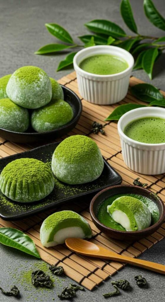 A variety of traditional matcha green tea desserts beautifully arranged on a bamboo mat with leaves.