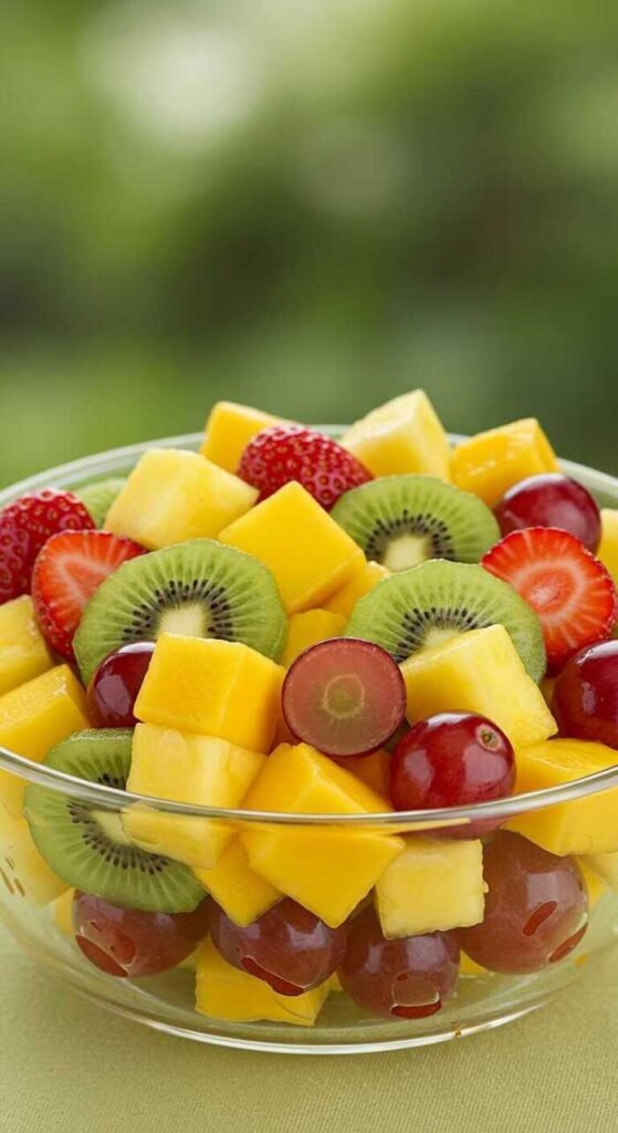 A colorful tropical fruit salad with pineapple, mango, kiwi, strawberries, and grapes in a bowl.
