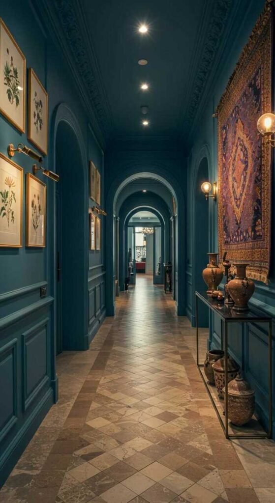 Elegant bohemian hallway with intricate details and stylish lighting