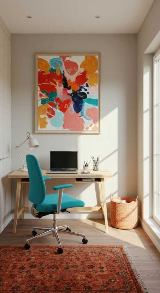 A colorful small home office with vibrant wall art, a wooden desk, ergonomic chair, and a cozy rug.