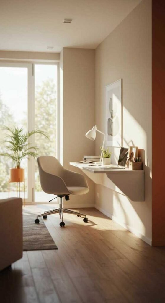 A minimalist home office with light colors, wall-mounted desk, and plants.
