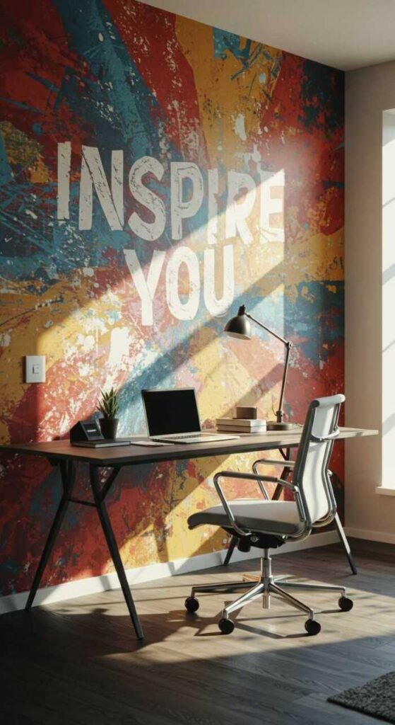 A colorful mural with the words 'Inspire you' in a home office setting, featuring a desk, chair.