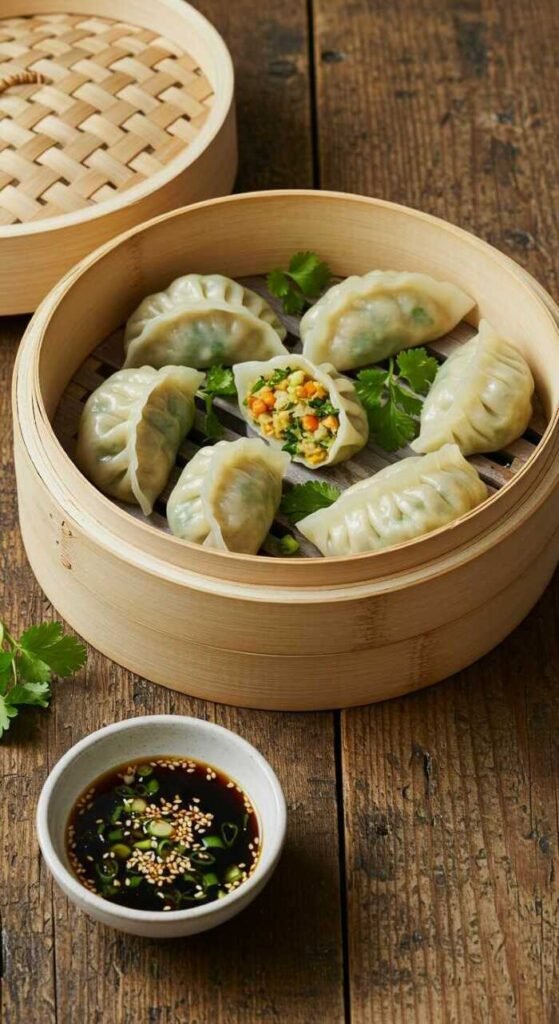 A bamboo steamer filled with freshly made vegetable dumplings garnished with green herbs and served with dipping sauce.