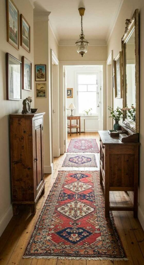 A cozy hallway with vintage decor, featuring distressed wood furniture, colorful rugs, and charming wall art.