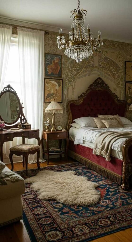 A vintage glam bedroom featuring a velvet bed, textured rugs, and elegant decor.