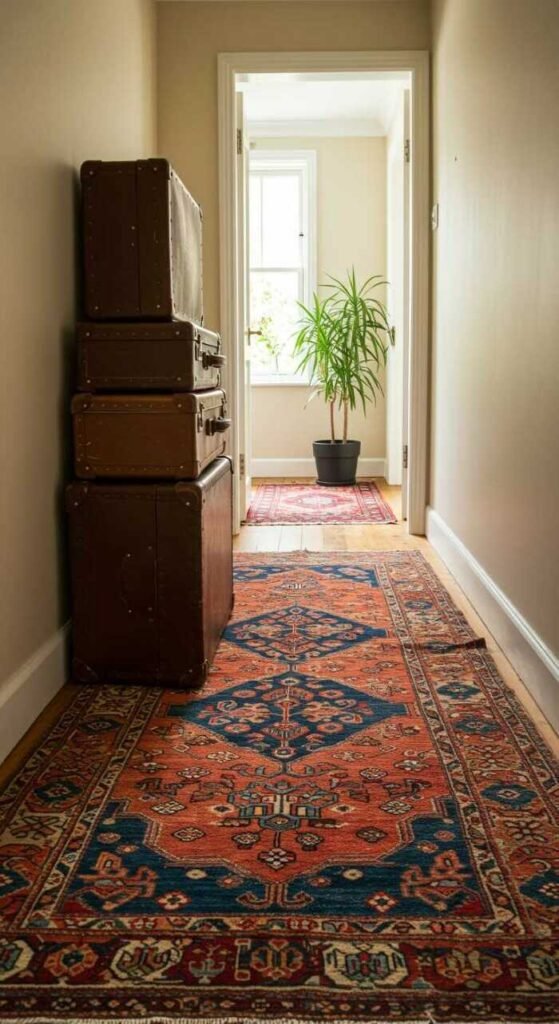 A hallway with stacked vintage suitcases, a potted plant, and a colorful rug