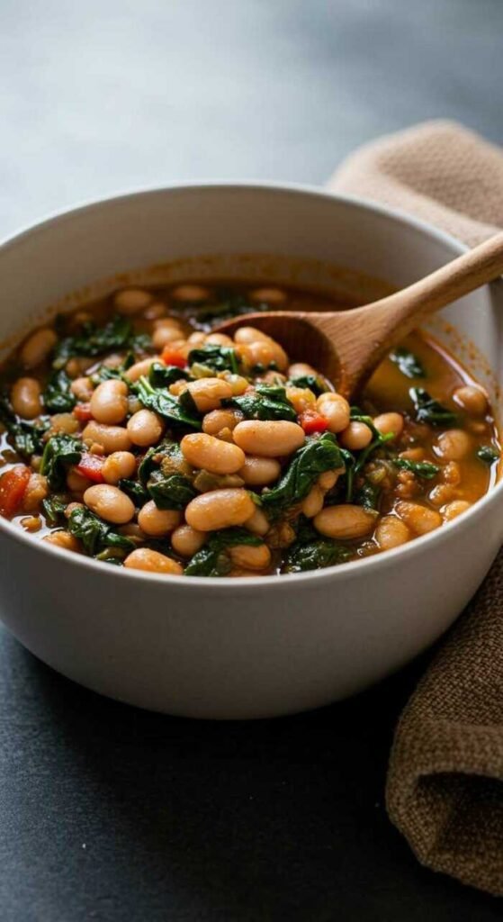 A bowl of hearty white bean soup with spinach and tomatoes, set on a dark surface. A wooden spoon rests inside, evoking warmth and comfort.